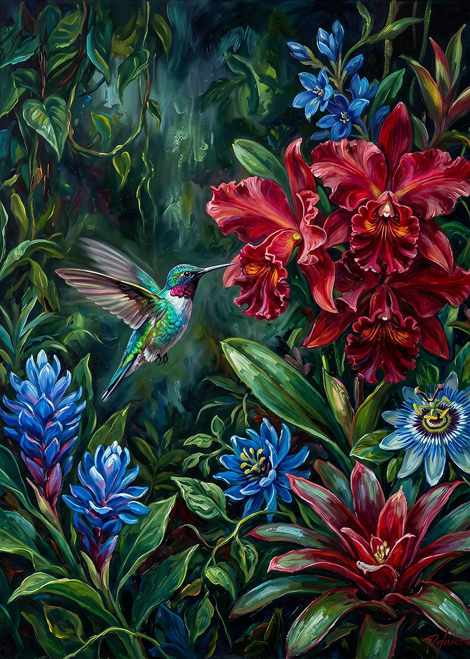 Hummingbird Among Tropical Flowers Painting