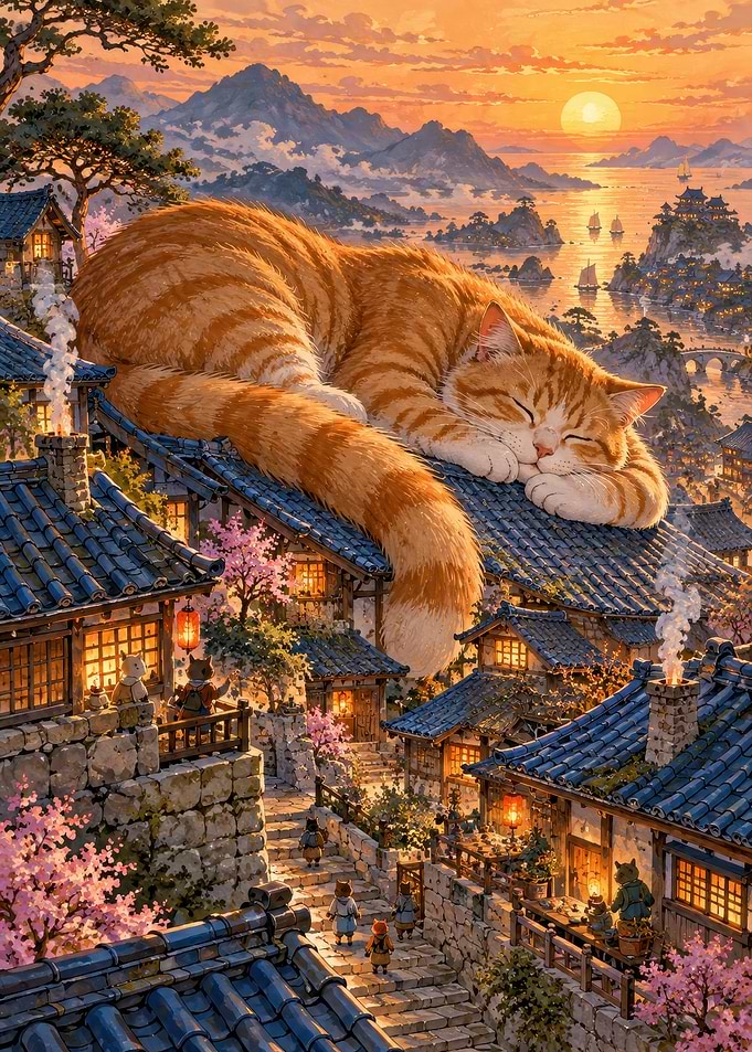 Giant Cat Sleeping on Village Roof