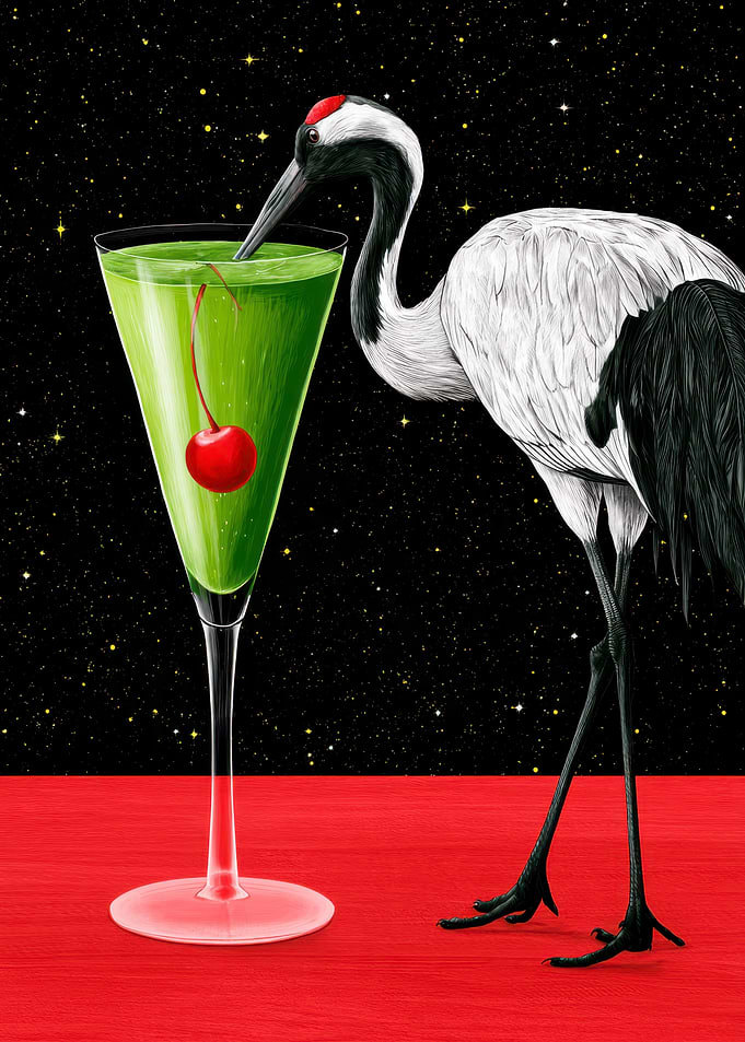 Red-Crowned Crane Drinking Green Cocktail