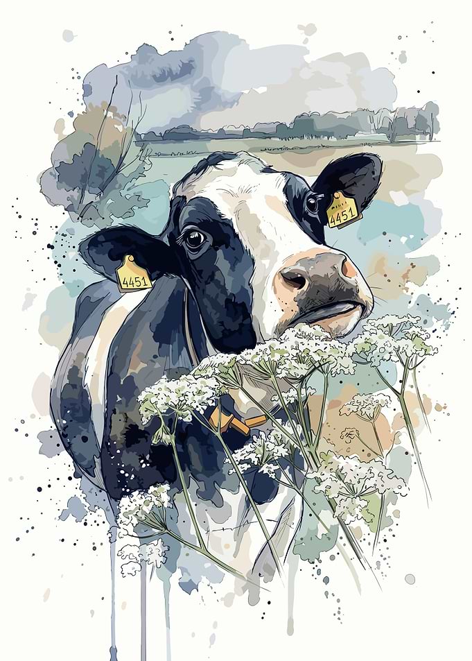 Watercolor Holstein Cow in Meadow