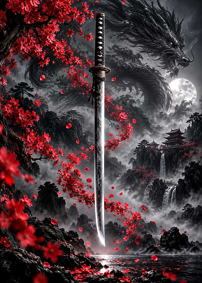 Katana Sword with Dragon and Blossoms