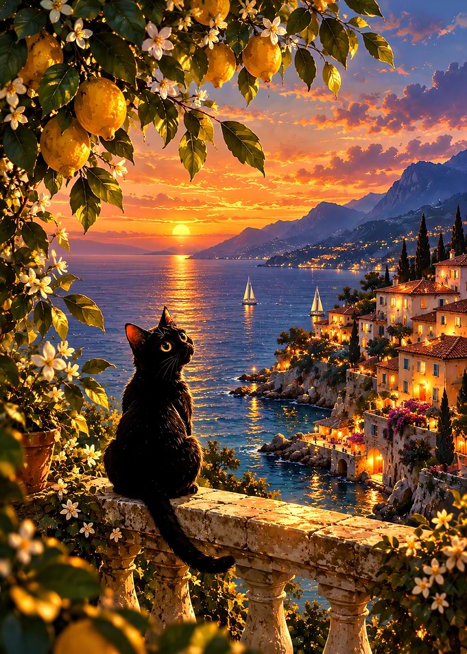 Black Cat Watching Mediterranean Sunset