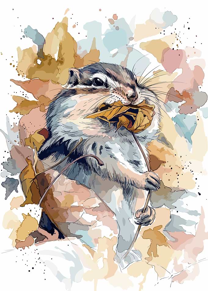 Watercolor Chipmunk Holding Autumn Leaf