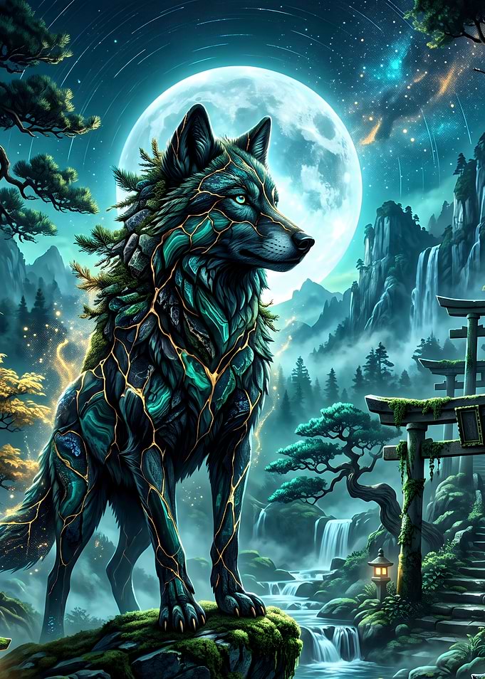 Mystical Wolf in Japanese Landscape