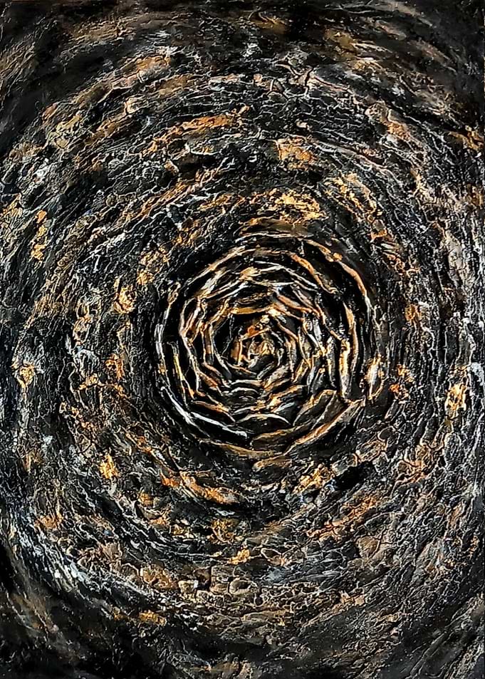 Abstract Black and Gold Spiral Painting