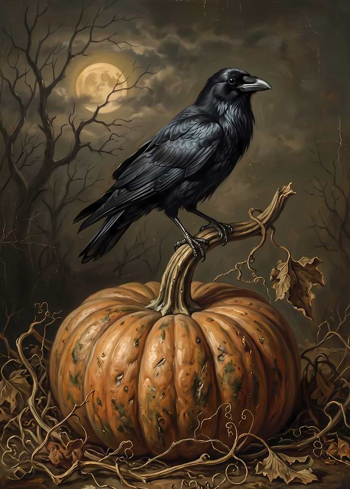 Crow Perched on Autumn Pumpkin