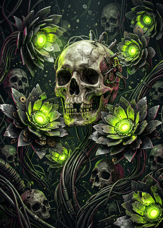 Cybernetic Skull and Mechanical Flowers