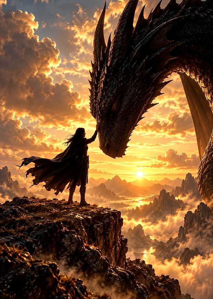 Warrior Touching Majestic Dragon at Sunset