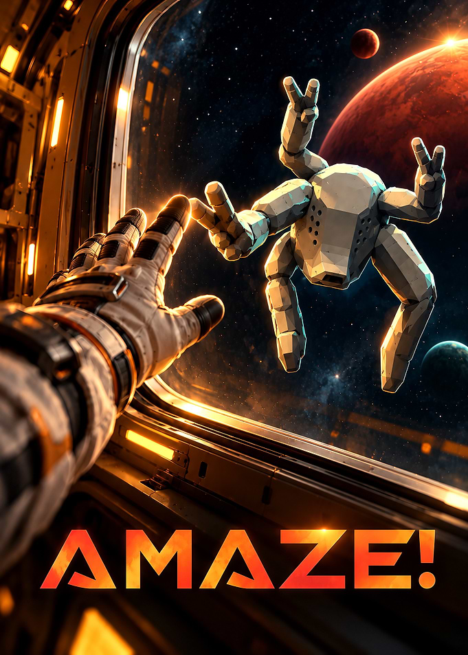 Project Hail Mary Rocky Astronaut Reaching for Robot in Space