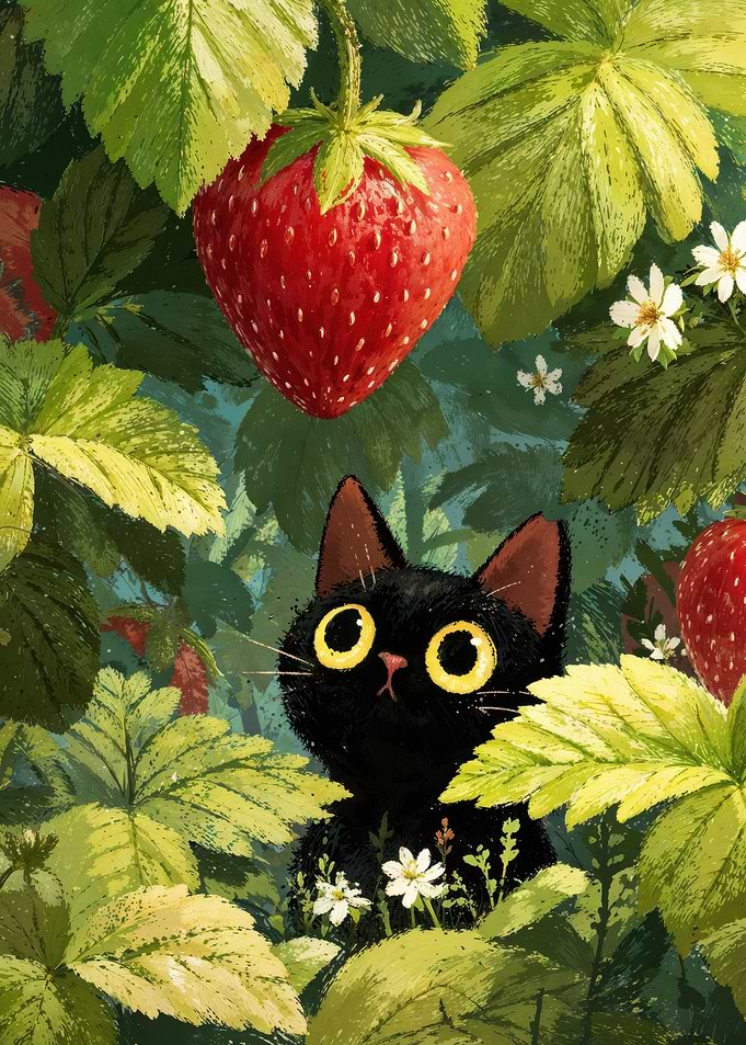 Curious Black Cat In Strawberry Garden Patch