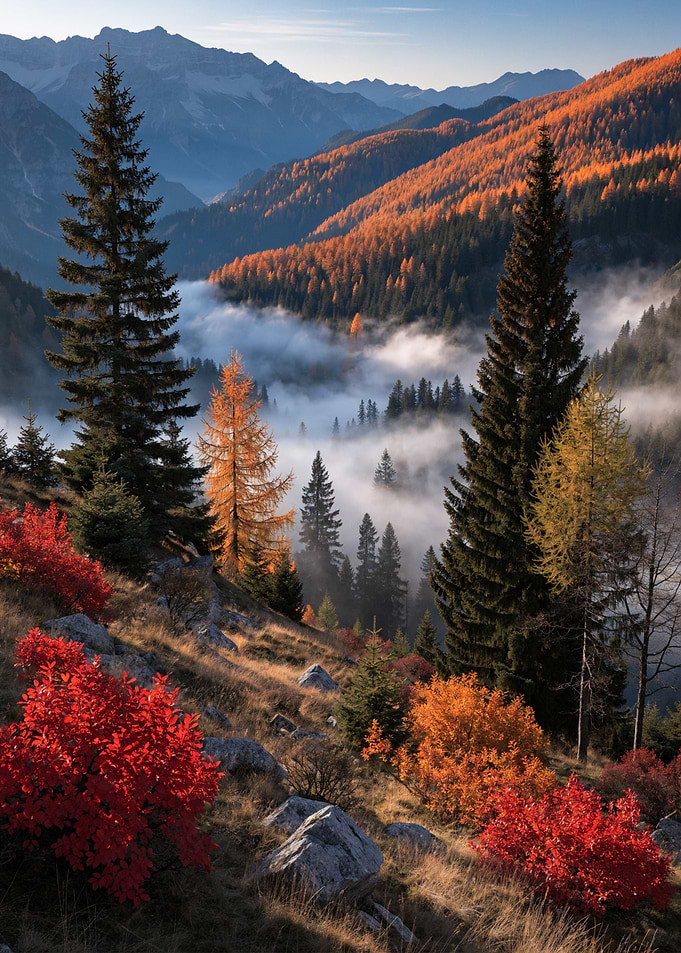 Autumn Mountain Valley with Morning Mist Nature