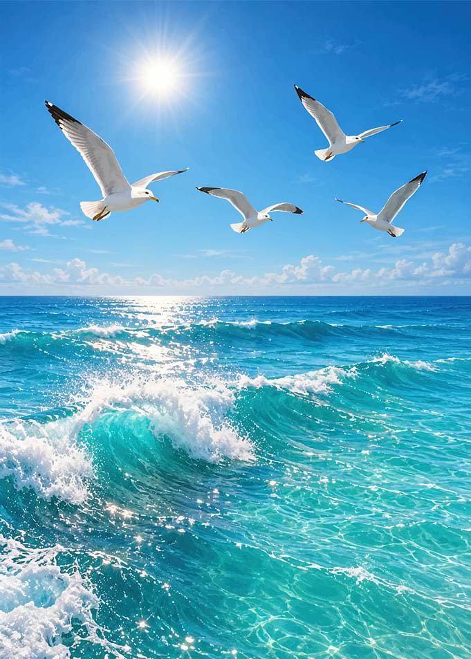 Seagulls Flying Over Tropical Ocean Waves