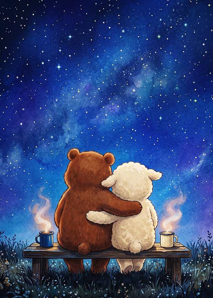 Bear and Sheep Starry Night Art