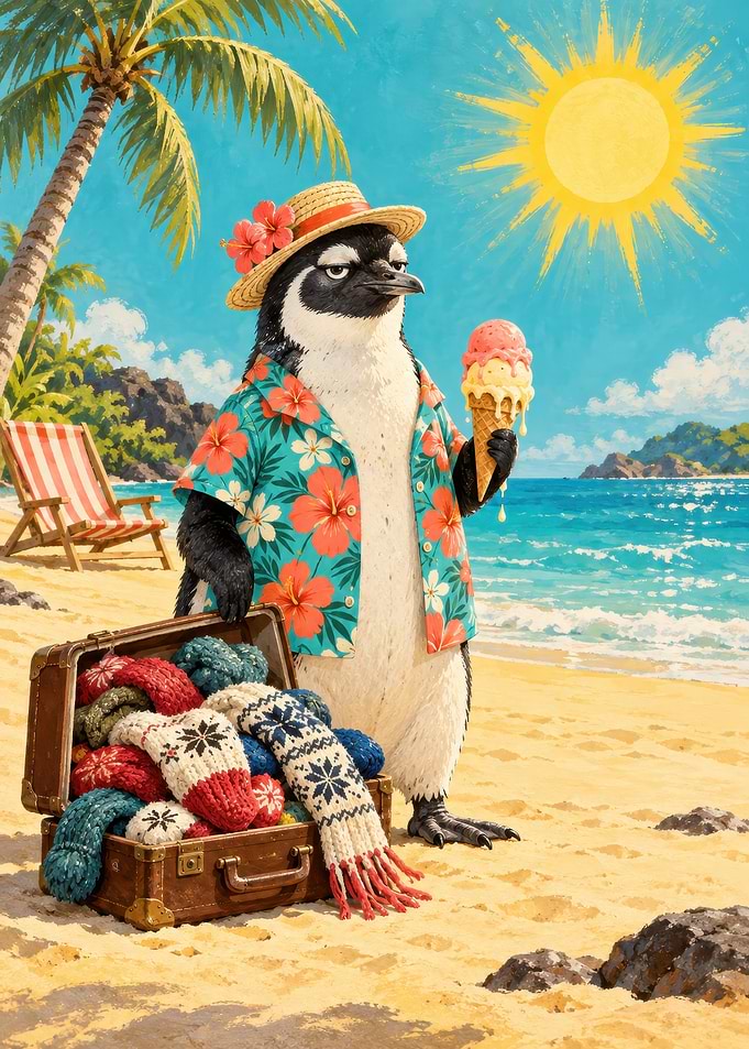Penguin on Tropical Beach Vacation