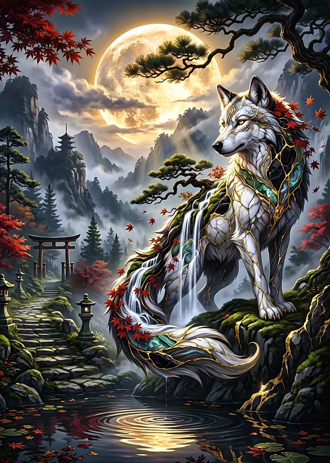 Mystical Wolf in Japanese Landscape