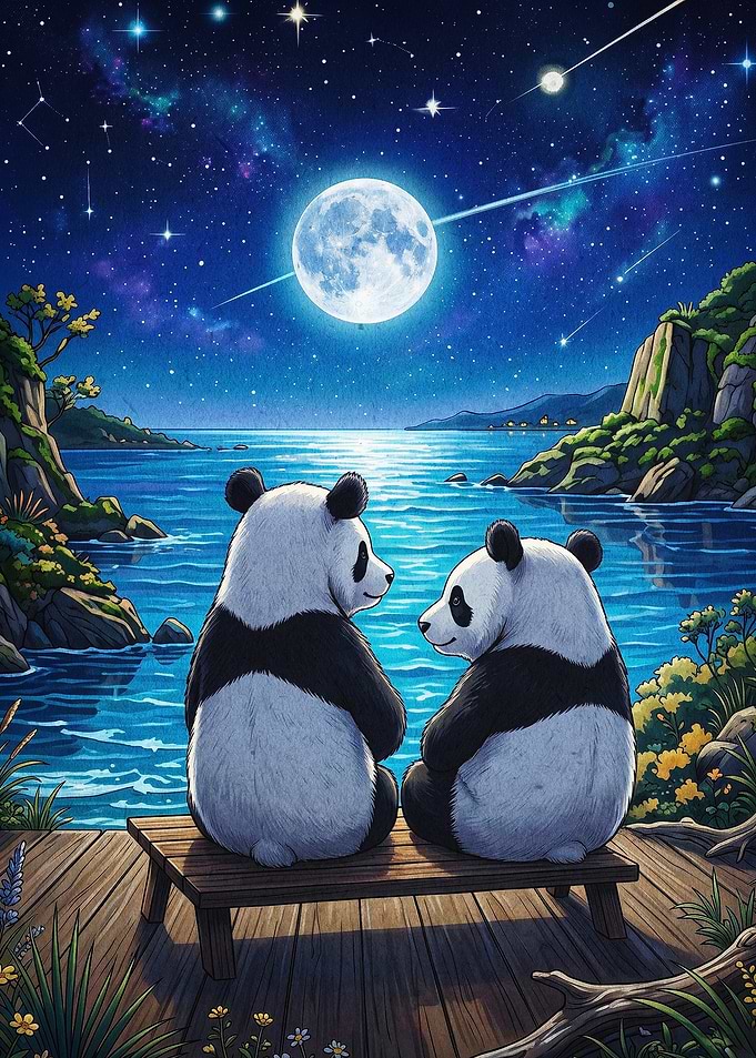 Panda Night Moon Cute Art Poster
