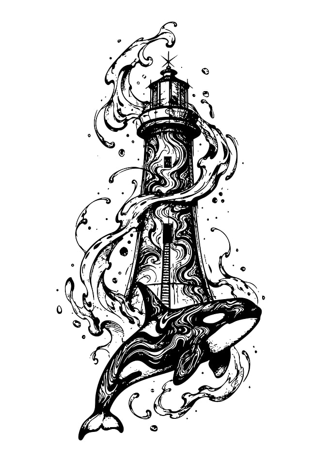 Lighthouse and Orca Ink Illustration