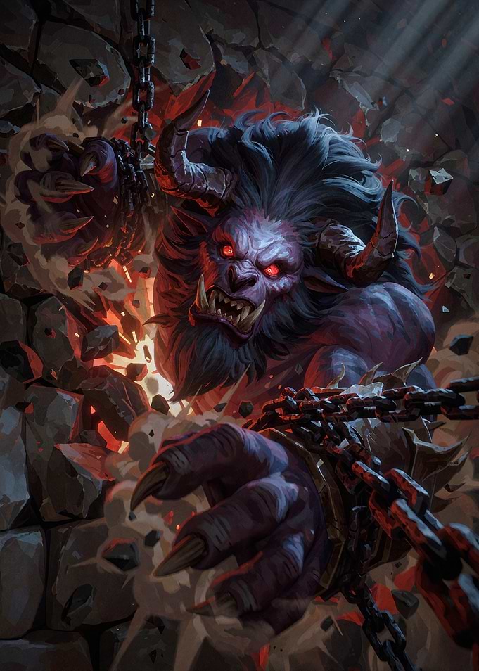 Chained Minotaur Breaking Through Stone Wall