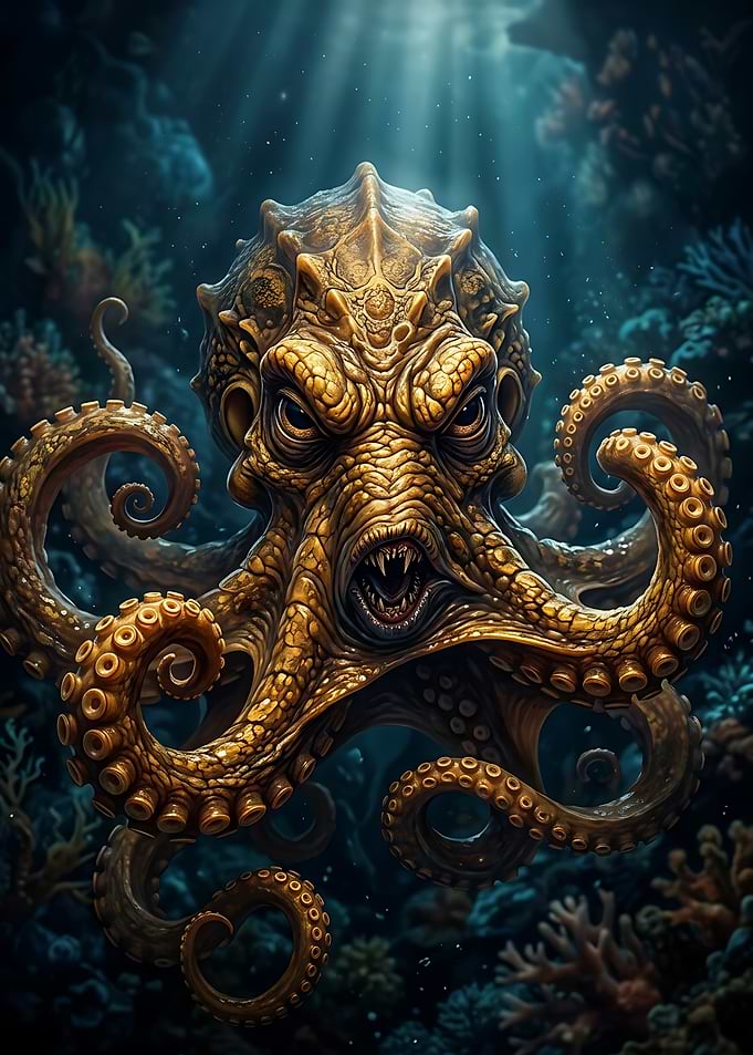 Fierce Golden Kraken Underwater