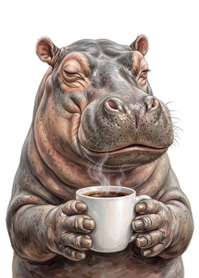 Hippo Enjoying a Hot Coffee
