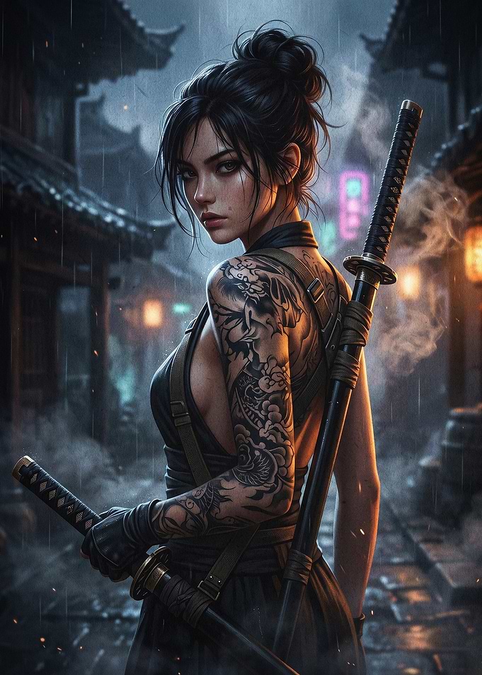Samurai Girl Tattoo Rain Art