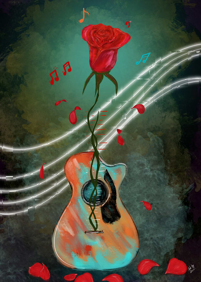 Acoustic Guitar and Rose Musical Art