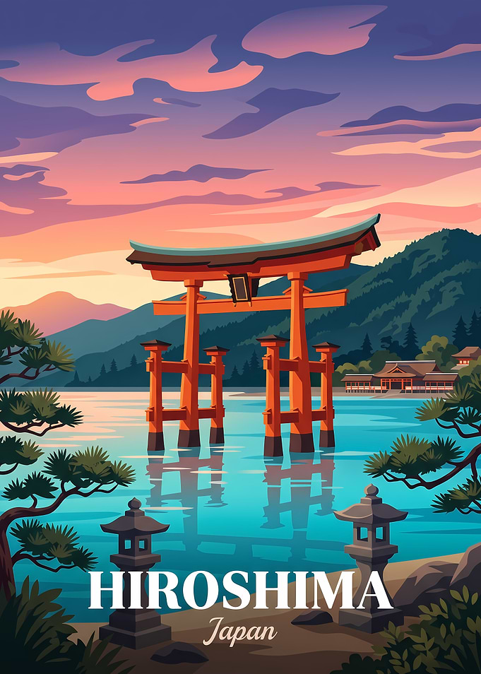 Hiroshima Japan Torii Gate Travel Poster