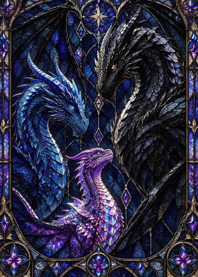 Stained Glass Dragon Trio Art