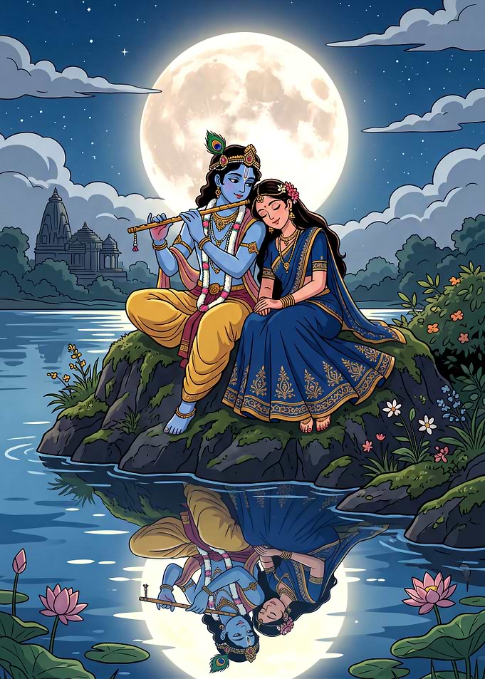 Radha and Krishna Under the Full Moon