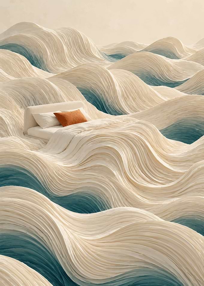 Surreal Bed Floating on Ocean Waves