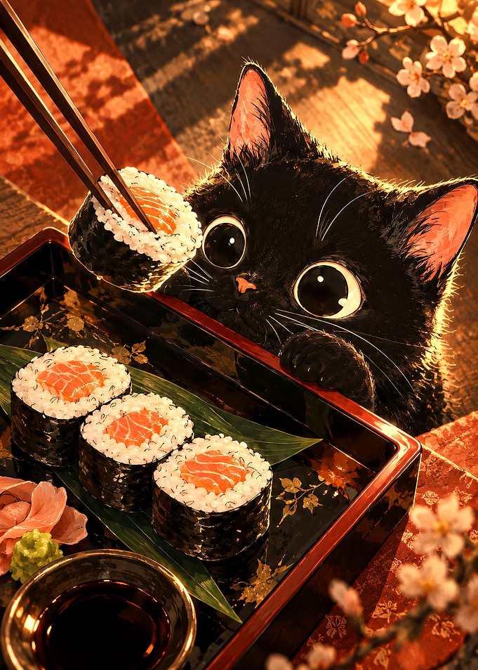 Cute Black Cat Eating Salmon Sushi