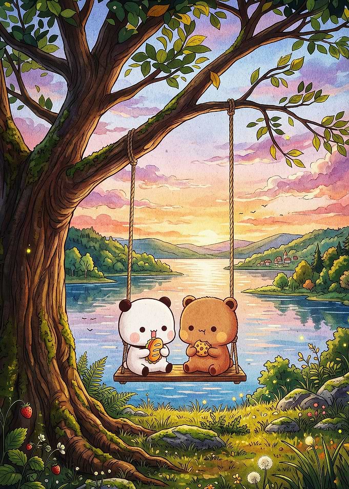 Cute Bears Swing Sunset Art