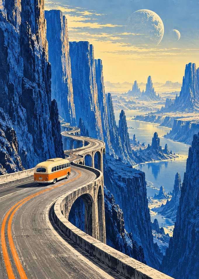 Retro Bus on Alien Mountain Road