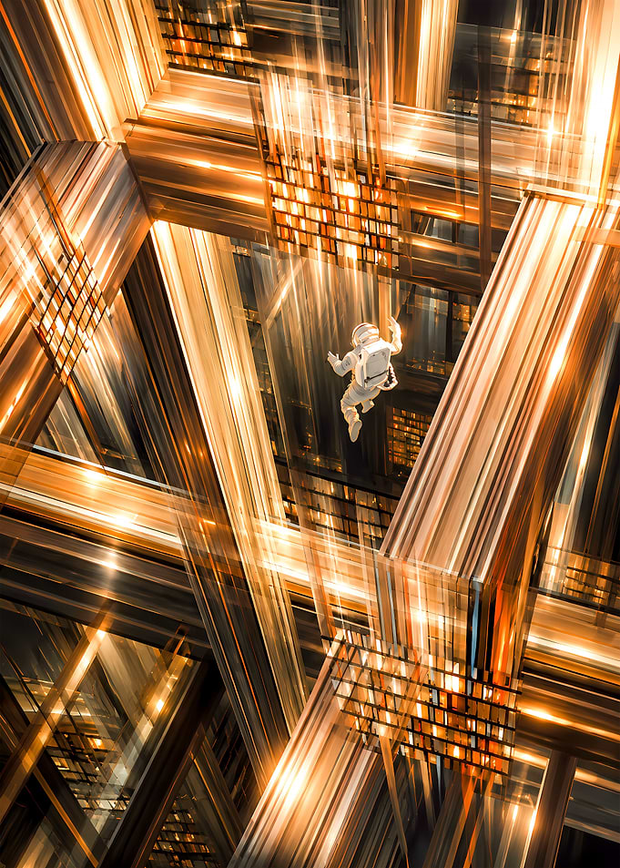 Astronaut Floating in Abstract Golden Structure