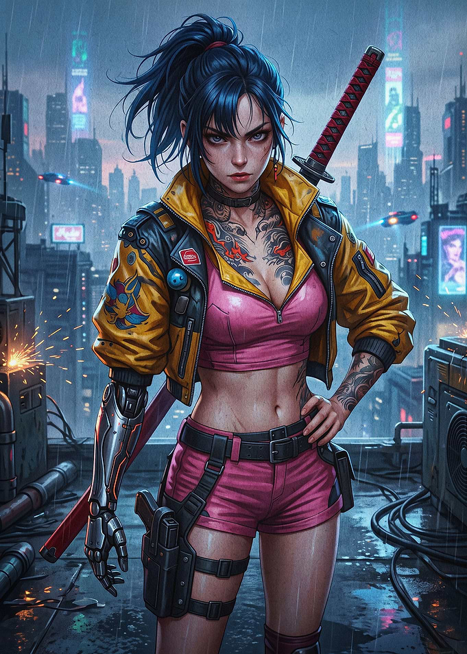 Cyberpunk Samurai Girl Poster Art