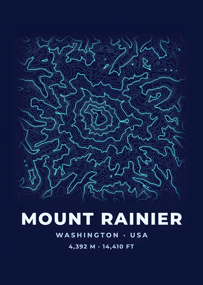 Mount Rainier Topographic Map Neon Blue Poster