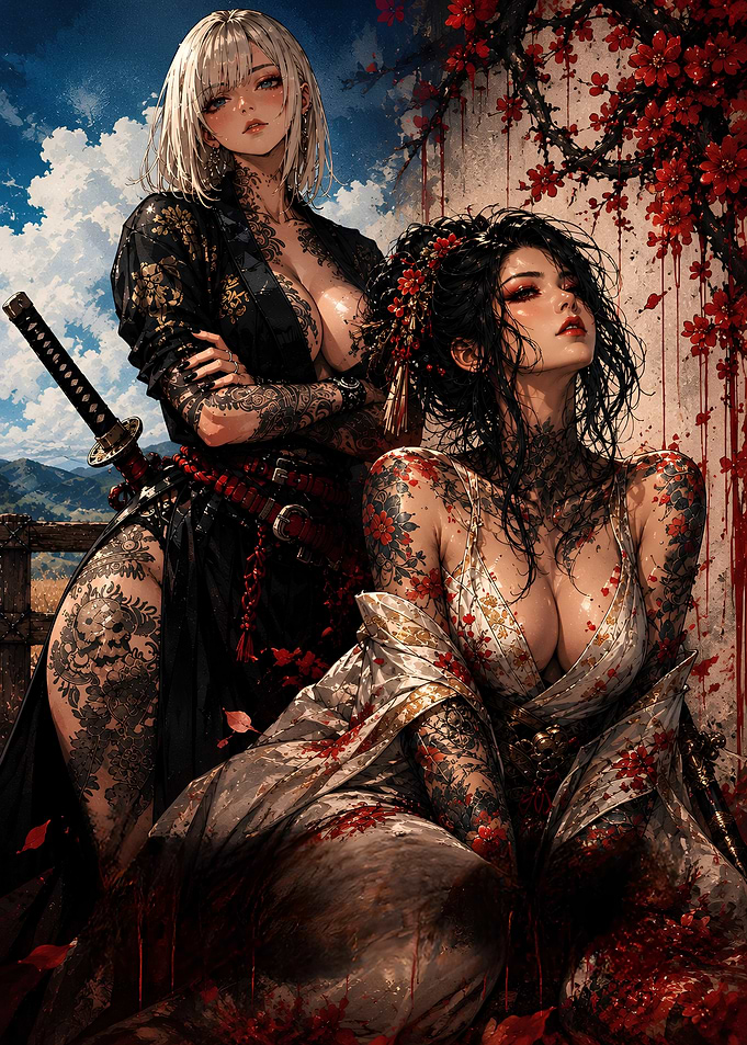 Anime Girl With Tattooed Samurai Women in Red Blossoms