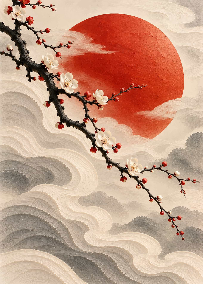 Japanese Plum Blossom and Red Sun
