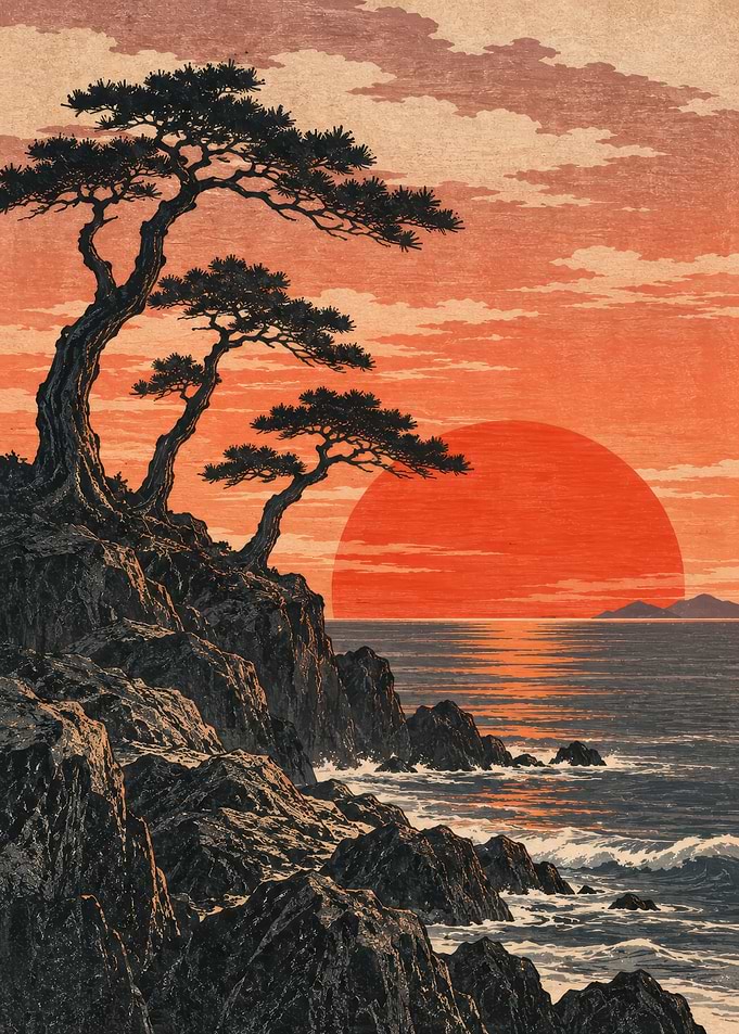 Japanese Pine Trees at Sunset