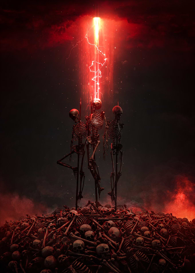 Skeletons Under Red Lightning Beam