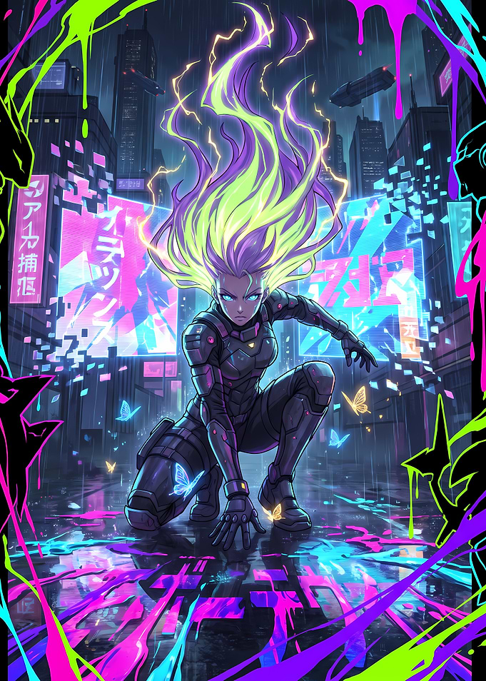 Cyberpunk Warrior with Neon Hair