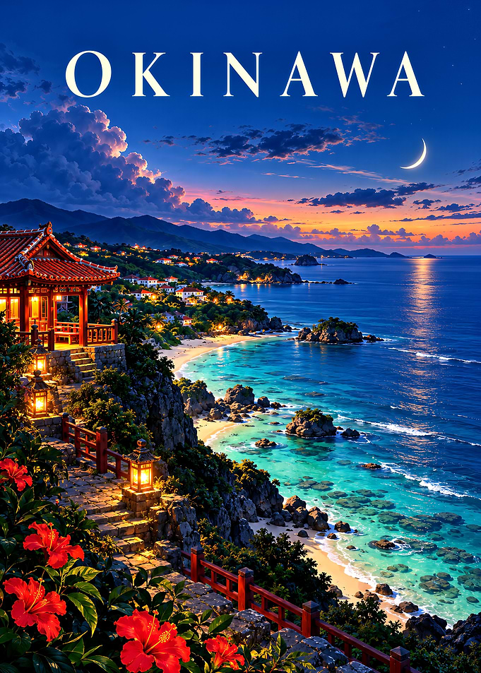 Okinawa Tropical Sunset Travel Poster
