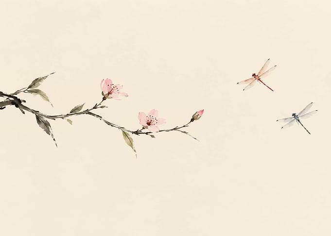 Minimalist Cherry Blossom and Dragonflies