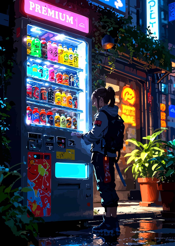 Anime Girl at Neon Vending Machine