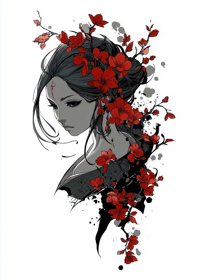 Elegant Woman with Red Cherry Blossoms
