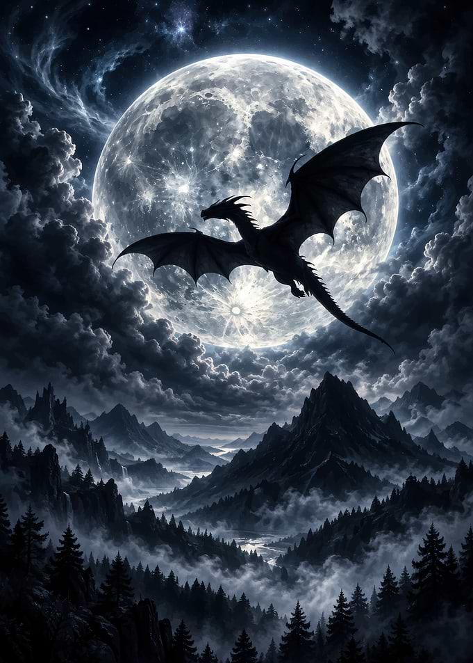 Dragon Flying Before Full Moon