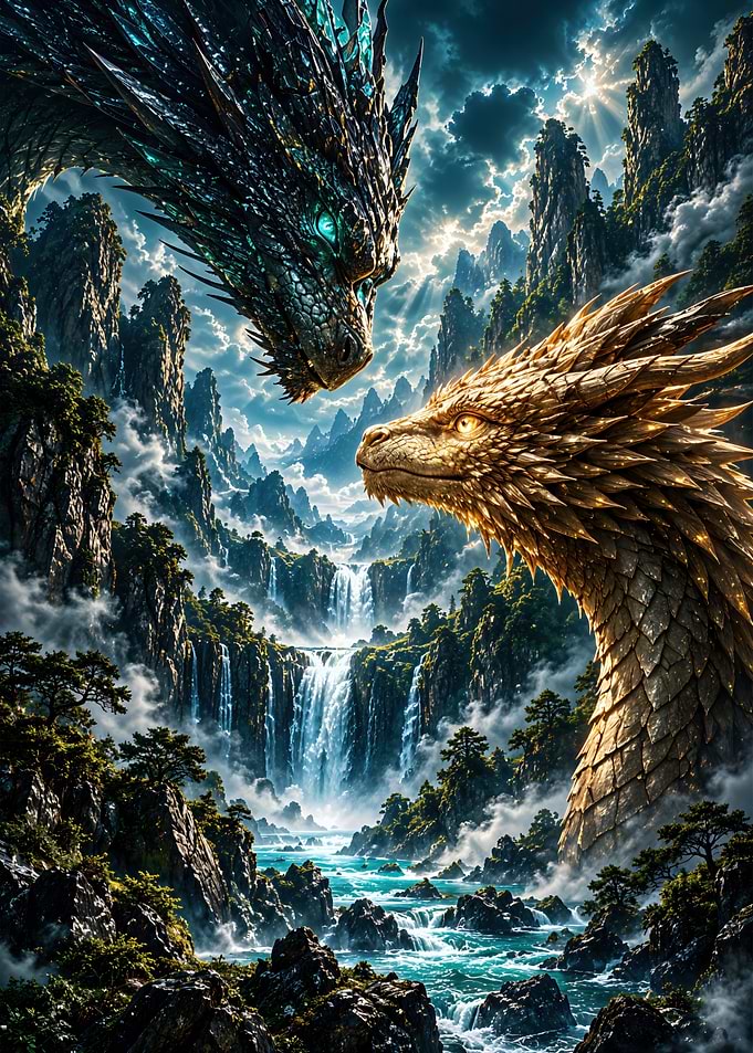Golden and Dark Dragons in Mountains