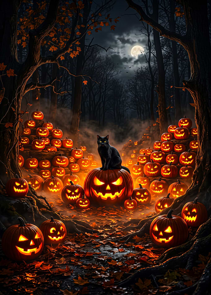 Black Cat Sitting on Jack-o'-Lantern