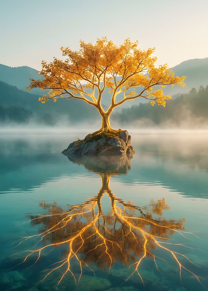 Golden Tree on Misty Lake