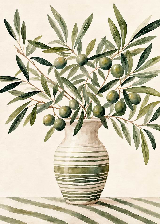 Watercolor Olive Branch Vase Still Life